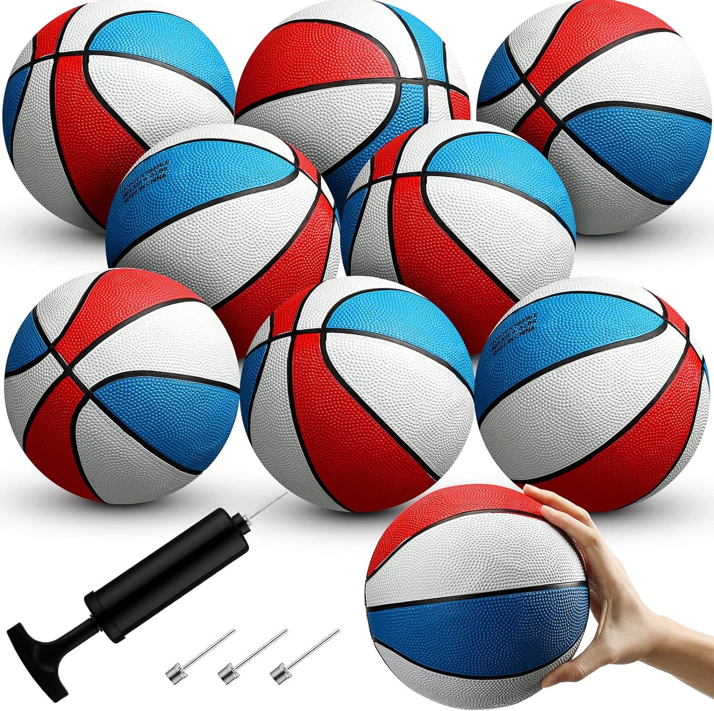 8 Pack 7 Inch Red White and Blue Mini Rubber Basketballs Set Small Basketball with Air Pump Mini Hoop Basketball Junior Size 3 Basketballs for Beginner Arcade Games Indoor Outdoor Pool Party Favors