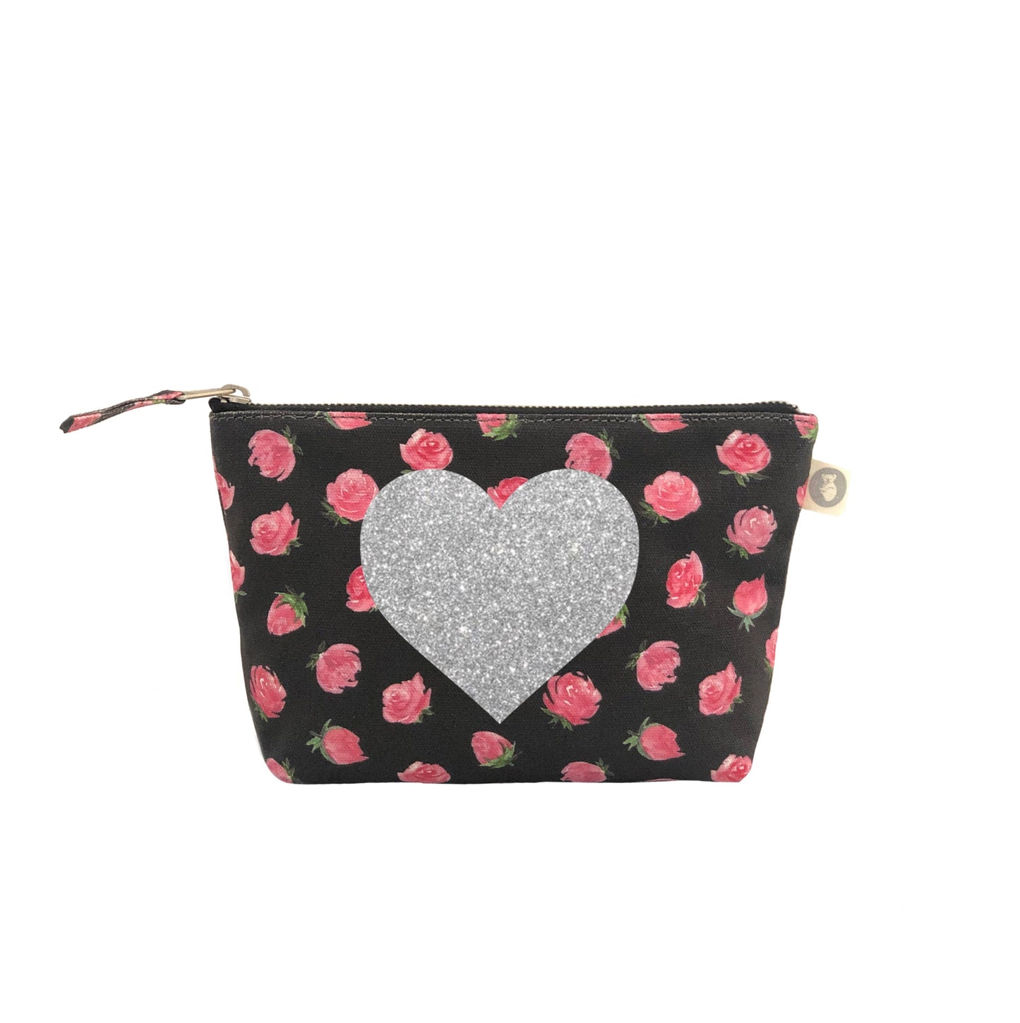 Makeup Bag: Black Floral with Silver Glitter Heart