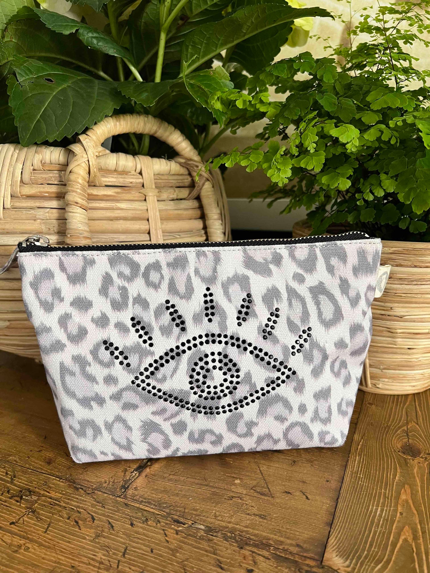 Makeup Bag: Grey Leopard with Black Crystal Evil Eye