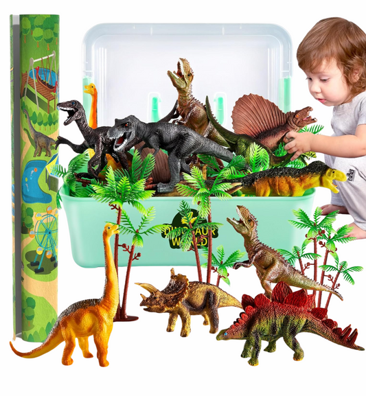 TEMI Dinosaur Toys Figure w/ Activity Play Mat & Trees, Educational Realistic Dinosaur Playset to Create a Dino World Including T-Rex, Triceratops, for Kids, Boys & Girls 3 4 5 6 Years