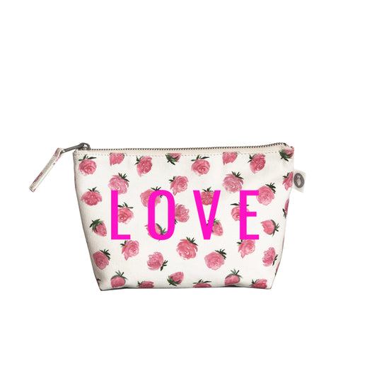 Makeup Bag: White Floral with Neon Pink LOVE