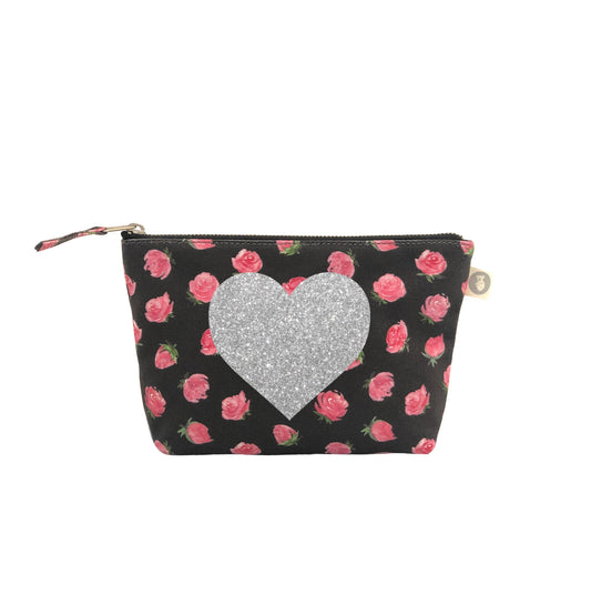 Makeup Bag: Black Floral with Silver Glitter Heart