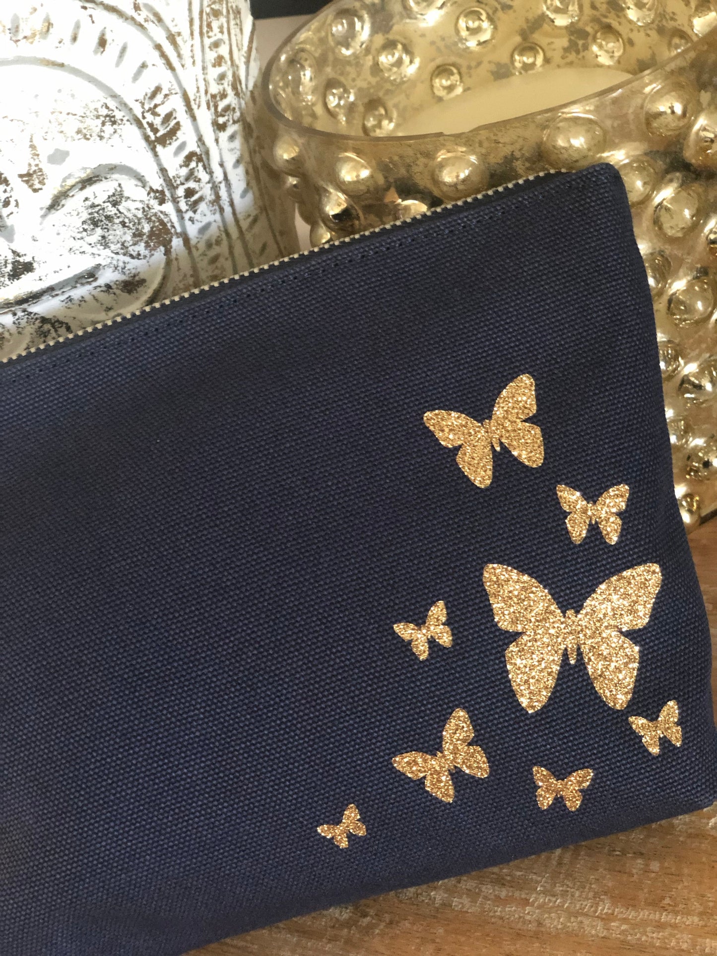 Makeup Bag Navy with Gold Glitter Scatter Butterflies