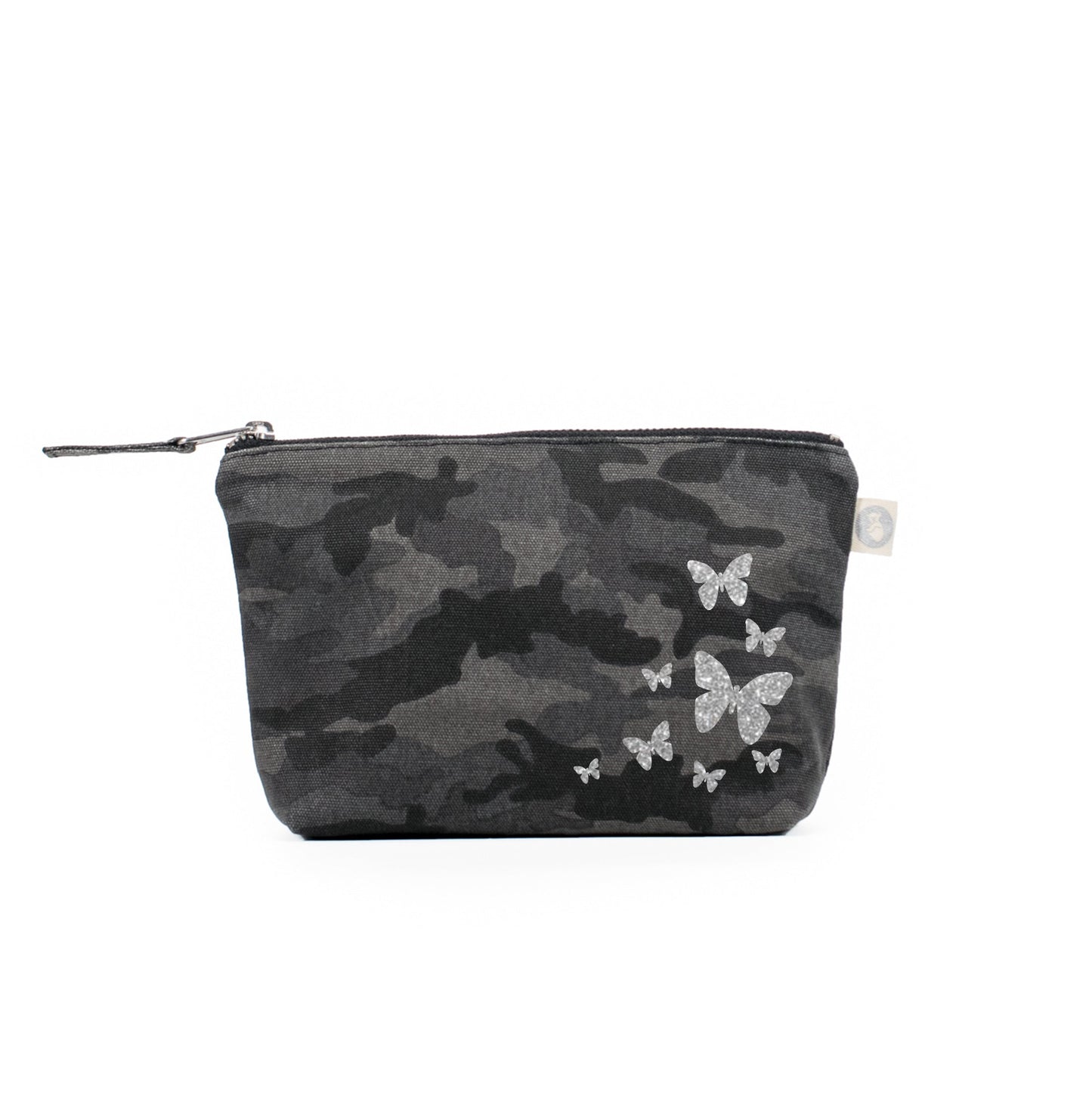 Makeup Bag Black Camo with Silver Glitter Scatter Butterflies